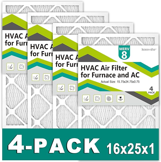16x25x1 Air Filter MERV 8 (4-Pack), HVAC/Furnace AC Filter Replacement, Dust Defense–Comparable with MPR 600 & FPR 5 (Actual 15.75x24.75x0.75)