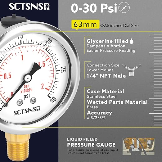 2-1/2" Dial Size, 0-30 Psi Low Pressure Gauge, Glycerin Liquid Filled, 1/4" NPT Lower Mount, Stainless Steel Case, for Water Tank, Pool Sand Filter, Coolant, CO2, Oil, Gas Pressure Test