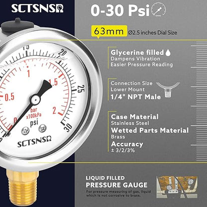 2-1/2" Dial Size, 0-30 Psi Low Pressure Gauge, Glycerin Liquid Filled, 1/4" NPT Lower Mount, Stainless Steel Case, for Water Tank, Pool Sand Filter, Coolant, CO2, Oil, Gas Pressure Test