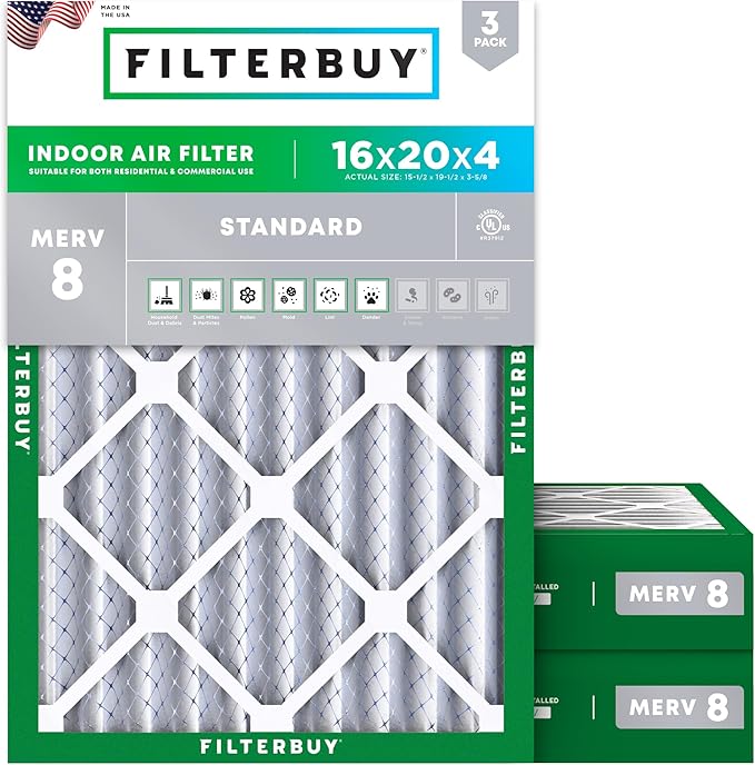 Filterbuy 16x20x4 Air Filter MERV 8 Essential Dust & Allergy Defense (3-Pack), Electrostatic Pleated HVAC AC Furnace Filters Replacement, Made in USA (Actual Size: 15.50 x 19.50 x 3.63)