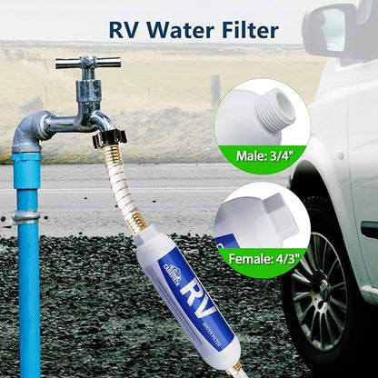 RV Water Filter - Inline Water Filter with Flexible Hose Protector - NSF & ANSI 42 Certified - Camping Essentials for Reducing Odors, Bad Taste, Chlorine and Rust（2 Pack）