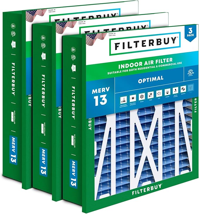 Filterbuy 20x25x5 Air Filter MERV 13 Optimal Smoke & Allergy Defense (3-Pack), Electrostatic Pleated HVAC AC Furnace Filters Replacement for Honeywell Return Grille (Actual Size: 18.38 x 23.38 x 3.69)