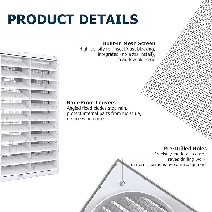 Air Vent ABS Louver Grille Cover 6 Inch, External Wall Vent Cover with Built-in Screen Mesh for Intake Exhaust Ventilation Exterior Door Ceiling Attic Storage Garage, White