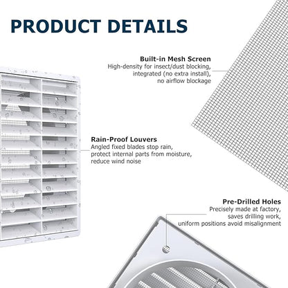 Air Vent ABS Louver Grille Cover 6 Inch, External Wall Vent Cover with Built-in Screen Mesh for Intake Exhaust Ventilation Exterior Door Ceiling Attic Storage Garage, White