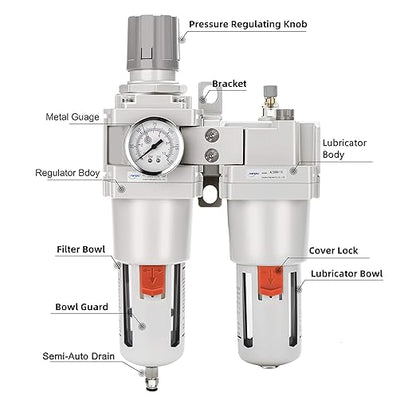 NANPU 1" NPT Compressed Air Filter Regulator Lubricator Combo (FRL) Water/Oil Trap Separator - Gauge(0-150 psi), 5 Micron Brass Element,Poly Bowl, Semi-Auto Drain, Metal Bracket