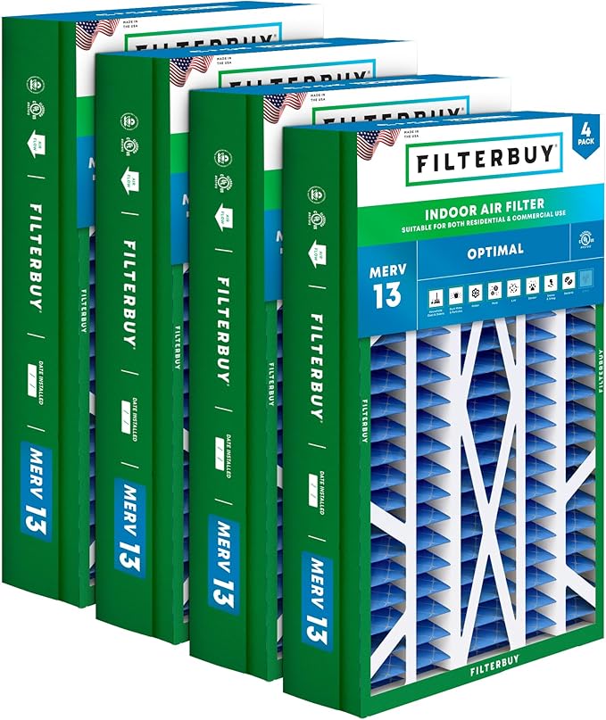 Filterbuy 14.5x27x5 Air Filter MERV 13 Optimal Smoke & Allergy Defense (4-Pack), Pleated HVAC AC Furnace Filters for Trane, American Standard, Honeywell, and More (Actual Size: 14.06 x 26.13 x 4.97)
