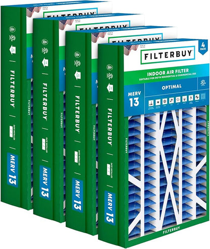 Filterbuy 14.5x27x5 Air Filter MERV 13 Optimal Smoke & Allergy Defense (4-Pack), Pleated HVAC AC Furnace Filters for Trane, American Standard, Honeywell, and More (Actual Size: 14.06 x 26.13 x 4.97)