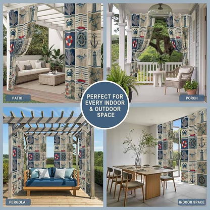 Oceans Outdoor Curtains for Patio Shell Starfish Whales Summer Vintage Waterproof Outside Curtains with Grommet Top Weatherproof Curtain for Cabana Pergola Gazebo, 1 Panel, 54" W x 95" L