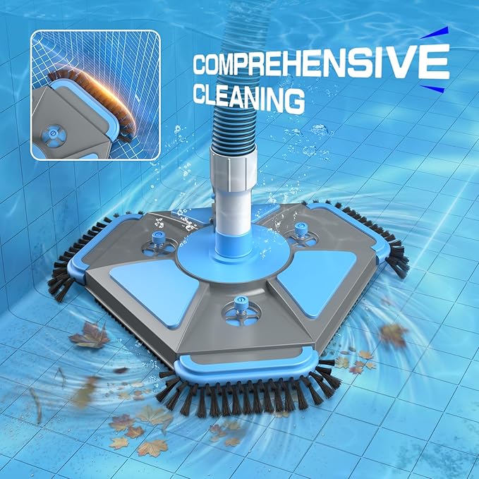 UIRWAY Upgrade Pool Vacuum Head with Side Brush & 360° Swivel Cuff, 1-1/2" x 40 Ft Heavy Duty Manual Kink-Resistant Vacuum Hoses, Weighted Triangular Shape for Inground & Above Ground Pool(No Pole)