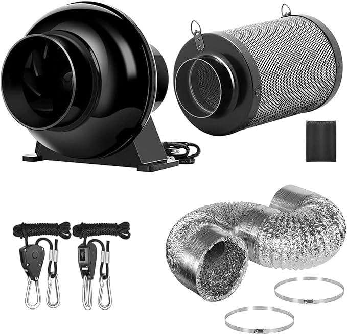 iPower 4 Inch 195 CFM Inline Fan Vent Blower, Upgrade Air Carbon Filter, 8 Feet Aluminum Ducting and Rope Hanger, Combo for Grow Tent Ventilation
