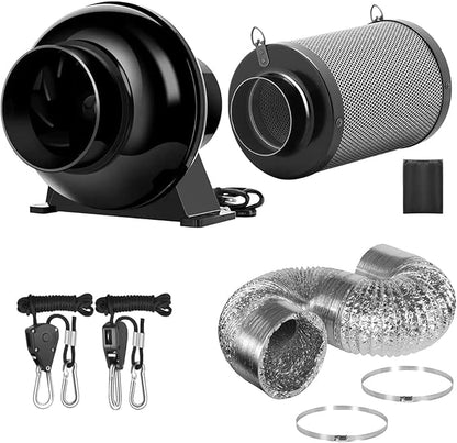 iPower 4 Inch 195 CFM Inline Fan Vent Blower, Upgrade Air Carbon Filter, 8 Feet Aluminum Ducting and Rope Hanger, Combo for Grow Tent Ventilation