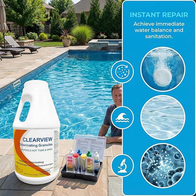 ClearView Chlorine Granules 10 Lbs for Swimming Pools, Calcium-Free Formula Quick Dissolving Spa Chlorinating Granules, Hot Tub Pool Chock Chlorine Granular Sanitizer