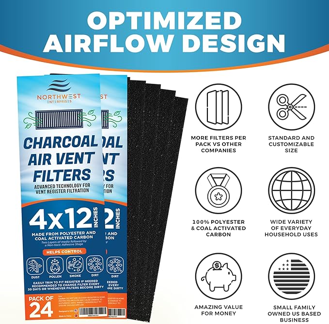 Activated Carbon Air Vent Filters for Home - 4" x 12" Dust Control Floor Vent Filters - Air Filter Freshener for Home Vents to Purify Indoor Air and Homes - Register Filters for Floor Vents (24-Pack)