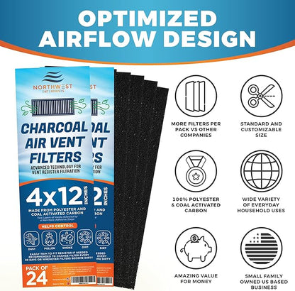 Activated Carbon Air Vent Filters for Home - 4" x 12" Dust Control Floor Vent Filters - Air Filter Freshener for Home Vents to Purify Indoor Air and Homes - Register Filters for Floor Vents (24-Pack)