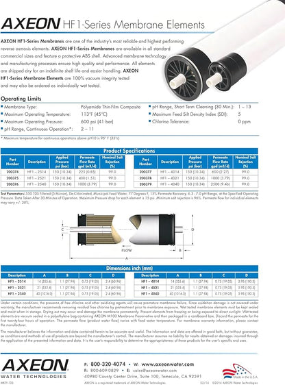 Axeon HF1-4040 2500 GPD RO Membrane Element – 4-inch x 40-inch, Low-Pressure Polyamide Thin Film Membrane TFM, 150 PSI, High-Flow Water Filtration for Commercial Reverse Osmosis 200379