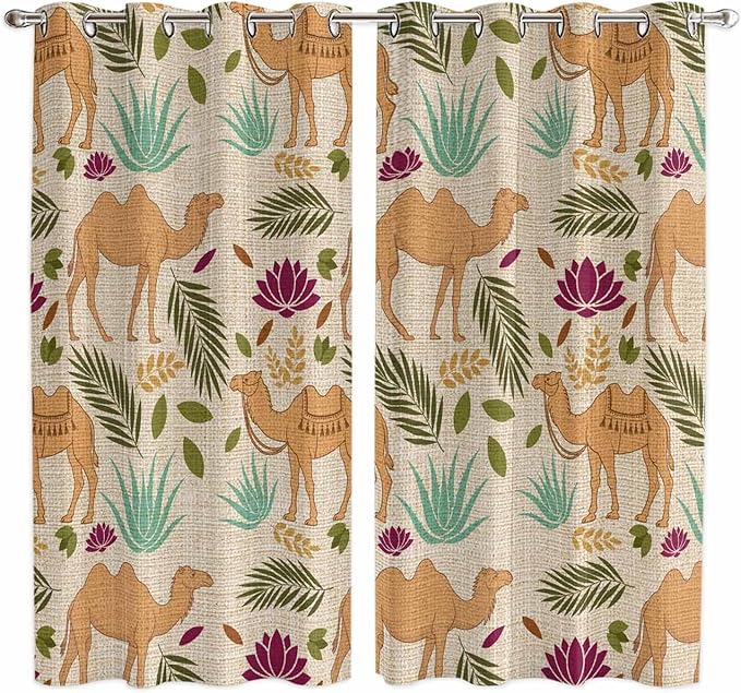 2 Panel Kitchen Cafe Curtains, Desert Camels Sunlight Filtering Nature Air Through, Home Decor Window Covering Tier Curtains for Living Room 104W x 84L inch Vintage Sand Animals Aloe Vera Leaves Beige