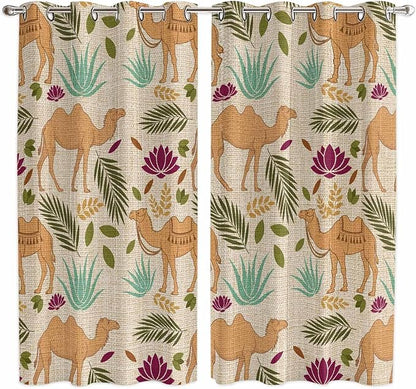 2 Panel Kitchen Cafe Curtains, Desert Camels Sunlight Filtering Nature Air Through, Home Decor Window Covering Tier Curtains for Living Room 104W x 84L inch Vintage Sand Animals Aloe Vera Leaves Beige