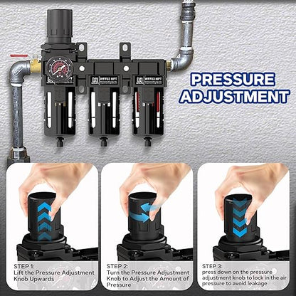 NEWPO 3/8" NPT Air Drying System for Water Separator,3 Stage Compressed Air Filter Regulator Combo, 5＆0.5&0.01 Micron Filter Cartridge,Semi-Auto Drain, Metal Bracket-Black