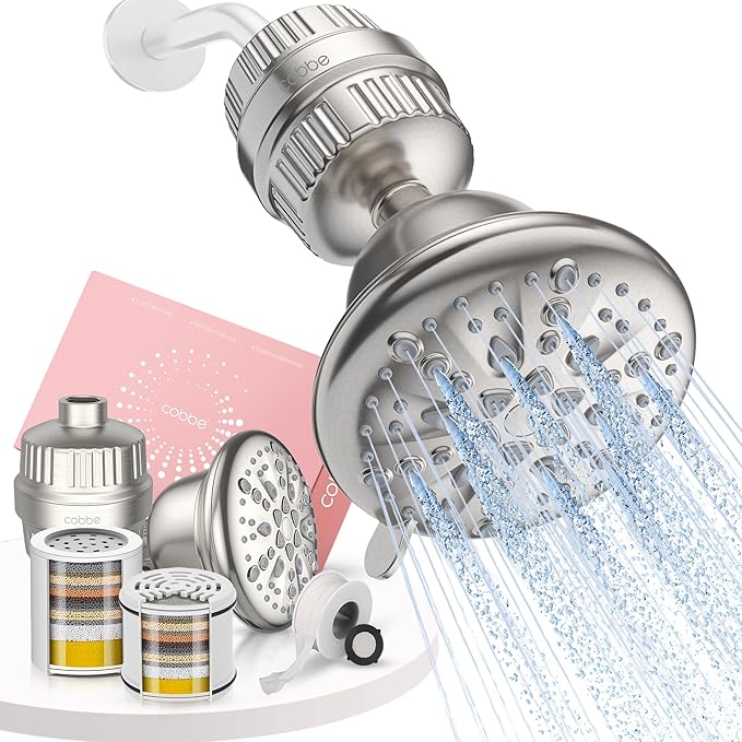Cobbe Luxury Double Filtered Shower Head, High Output 16+20 Stages – 99% REMOVAL Shower Filters for Hard Water Removes Chlorine and Harmful Substances, 7-Model Setting Spray, Brushed Nickel