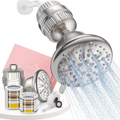 Cobbe Luxury Double Filtered Shower Head, High Output 16+20 Stages – 99% REMOVAL Shower Filters for Hard Water Removes Chlorine and Harmful Substances, 7-Model Setting Spray, Brushed Nickel