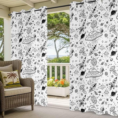 Cartoon Space Outdoor Curtains for Patio Rockets Astronauts Planets Black Waterproof Outside Curtains with Grommet Top Weatherproof Curtain for Cabana Pergola Gazebo, 1 Panel, 54" W x 108" L
