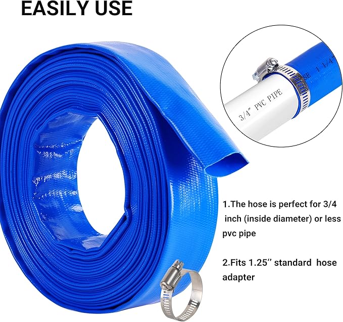 1-1/4" x 100 FT Pool Backwash Hose, Blue Heavy Duty Reinforced PVC Lay Flat Water Discharge Hose for Swimming Pool Filter Pump,with 2 Clamp