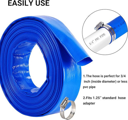 1-1/4" x 100 FT Pool Backwash Hose, Blue Heavy Duty Reinforced PVC Lay Flat Water Discharge Hose for Swimming Pool Filter Pump,with 2 Clamp
