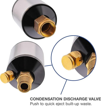 TCP Global Mini In-Line Air Filter, Oil and Water Separator - Aluminum Body, Drain Valve, Water Trap, Air Dryer Removes Moisture, Dirt, For Compressor Air Line Hose, Air Tool, Spray Gun, Plasma Cutter