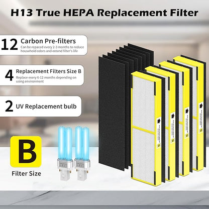 4 pack FLT4825 HEPA Replacement Filter B ＆ LB4000 Bulb for Guardian AC4825, AC4300, AC4850, AC4800, AC4820, AC4900 Air Cleaner Purifier, 4 HEPA Filters +12 Carbon filters+ 2 lb4000 uv bulb