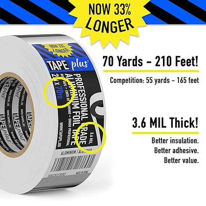 TapePlus Aluminum Foil Tape - Heat Resistant Tape & High Temperature Seal - Thermal Duct Insulation & HVAC Seal - Waterproof Metal Adhesive for Ductwork - Pack of 6, 2 in x 210 ft, Silver