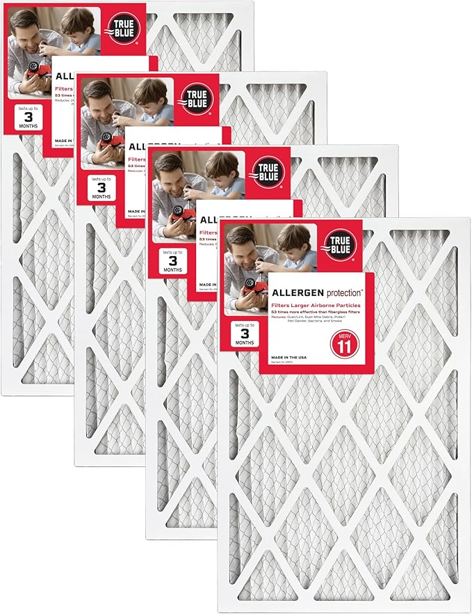 True Blue 20x24x1 MERV 11 Allergen Air Filter (4-Pack) | Electrostatic Pleated HVAC Furnace Air Filter | Replacement Filter for Home Use | Made in USA
