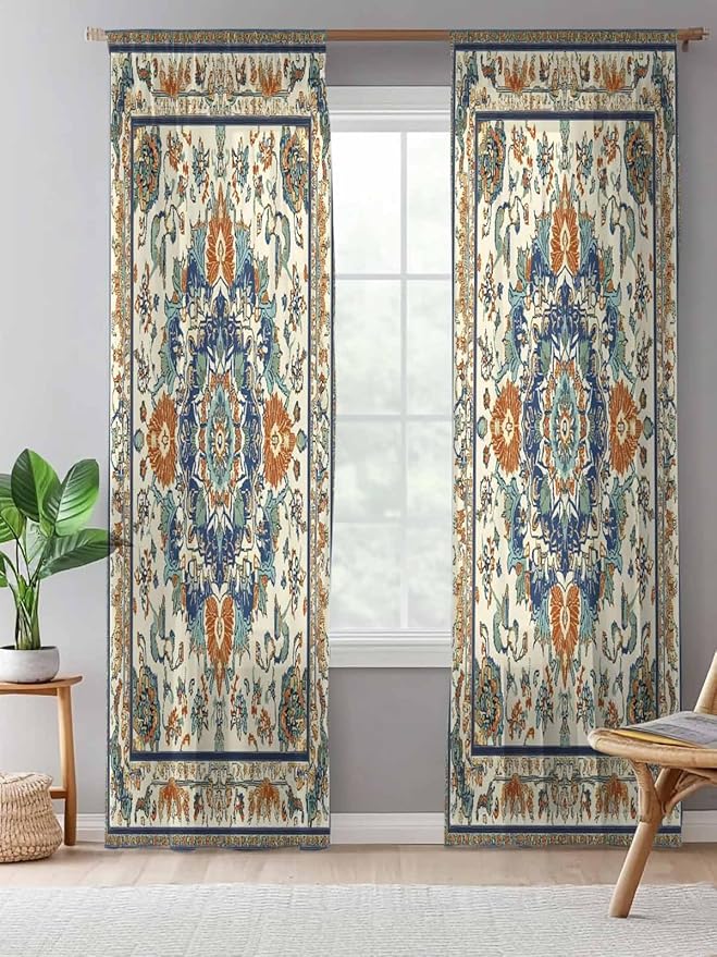 Sheer Curtains 108 Inches Long, Southwest Farmhouse Semi Sheer Curtains Light Filtering Window Treatment, Orange Blue Desert Bohemian Privacy Voile Drapes for Living Room Bedroom 52x108 Inch