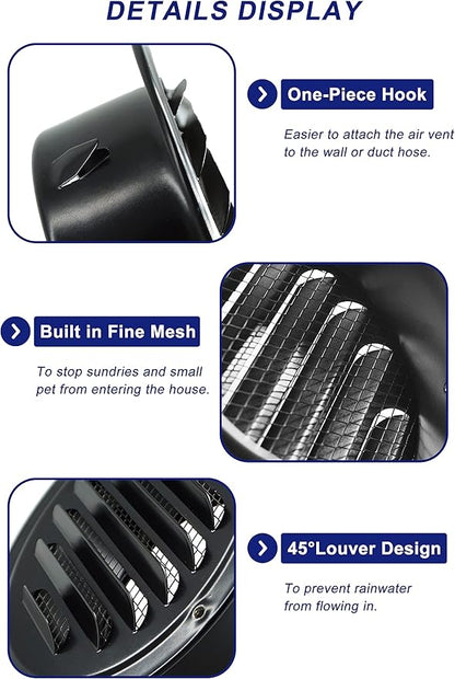 4 Inch Black Soffit Vent Cover,LouanXpert Stainless Steel Round Air Vent Cover Louvered Grille Wall Vent with Built-in Fine Mesh for Garage, Apartment, RV (100mm - 2PCS)