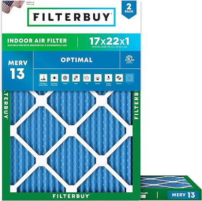 Filterbuy 17x22x1 Air Filter MERV 13 Optimal Smoke & Allergy Defense (2-Pack), Electrostatic Pleated HVAC AC Furnace Filters Replacement, Made in USA (Actual Size: 16.50 x 21.50 x 0.75)