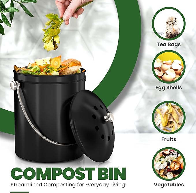 Utopia Kitchen Compost Bin for Kitchen Countertop, 1.3 Gallon Compost Bucket for Kitchen with Lid, Includes 1 Spare Charcoal Filter (Black)