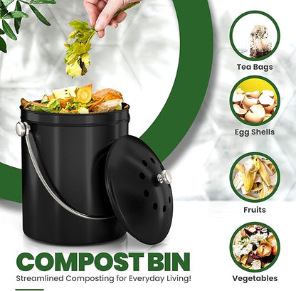 Utopia Kitchen Compost Bin for Kitchen Countertop, 1 Gallon Compost Bucket for Kitchen with Lid, Includes 1 Spare Charcoal Filter (Black)