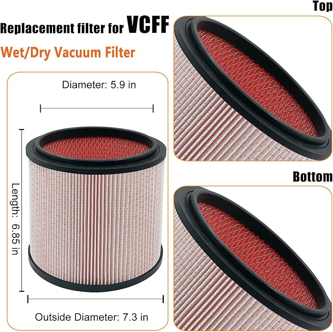 Fine Dust Replacement Filter for Vacmaster 5-20 Gallon/Hart Shop Vacuum 5-17 Gallon, Replaces Hart VCFS 3701 Filter/VCFF Filter, Fits most Shop-Vac/Craftsman Vacuum, with 2x Wet Foam Sleeve