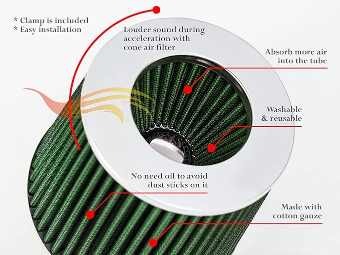 Rtunes Racing Universal Clamp-On Air Filter, Standard Cone, Dry Washable Design, Multiple Inlet Sizes (Green, 3.25" Inch)
