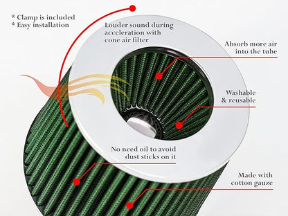 Rtunes Racing Universal Clamp-On Air Filter, Standard Cone, Dry Washable Design, Multiple Inlet Sizes (Green, 3.25" Inch)