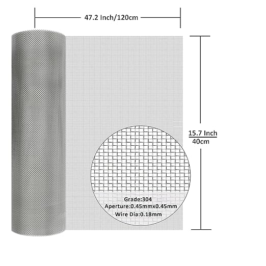 304 Stainless Steel Mesh Screen#40Mesh -Size:15.7"x47.2"(40x120cm), for Home, Garden and Farm. Window or Door Filter, Guards Against Pests Like Mice, Snakes, and Rodents. Easy to Cut and Install.