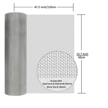 304 Stainless Steel Mesh Screen#40Mesh -Size:15.7"x47.2"(40x120cm), for Home, Garden and Farm. Window or Door Filter, Guards Against Pests Like Mice, Snakes, and Rodents. Easy to Cut and Install.