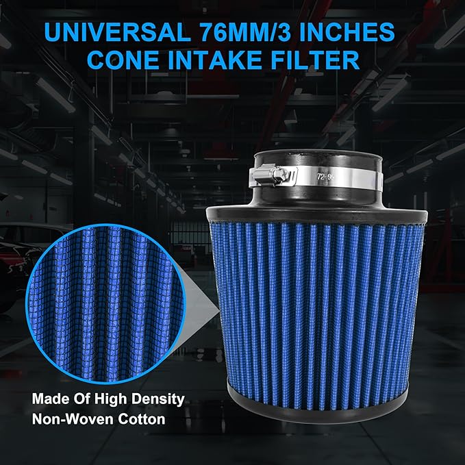 Cold Air Intake Filter High Performance Washable Filter Clamp-On Replacement Air Filter Flange Diameter 3inch/76mm Blue