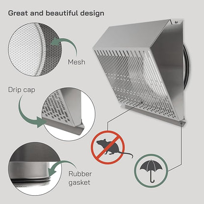 Vent Systems 10" Inch Exhaust Vent Cover with Rubber Gasket - Stainless Steel - Robust Weatherproof Outdoor Air Exhaust Box - Duct or Surface Mounting - Rain and Snow Protection