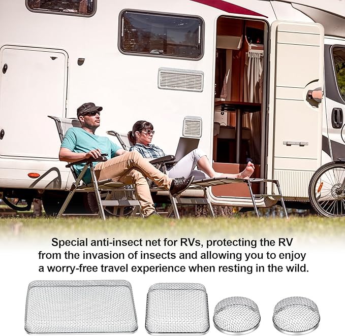 TOODOO 4 Pack RV Furnace Vent Cover, RV Flying Insect Screen for RV Water Heater Vent Cover (8.5 x 6 Inch)(4.5 x 4.5 Inch) (2.8 Inch) Stainless Steel Mesh with Installation Tool