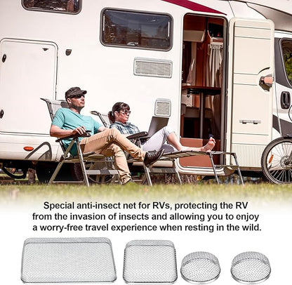 TOODOO 4 Pack RV Furnace Vent Cover, RV Flying Insect Screen for RV Water Heater Vent Cover (8.5 x 6 Inch)(4.5 x 4.5 Inch) (2.8 Inch) Stainless Steel Mesh with Installation Tool