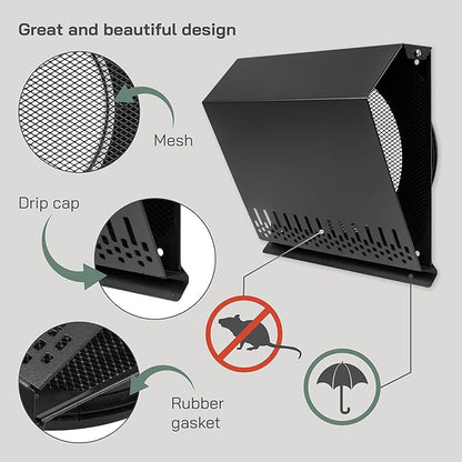 Vent Systems 8" Inch Supply Vent Cover with Rubber Gasket - Graphite Black Galvanized Steel - Robust and Weatherproof Outdoor Air Intake Box - Duct or Surface Mounting - Rain and Snow Protection