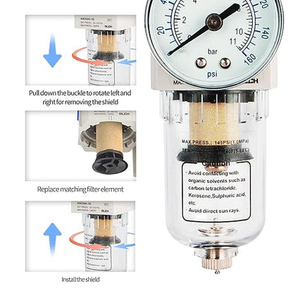 BLCH 1/4" NPT Air Compressor Regulator - Air Pressure Regulator, Air Dryer AW2000-02 Manual Drain Poly Bowl Gauge 0-160 PSI 5μm Brass