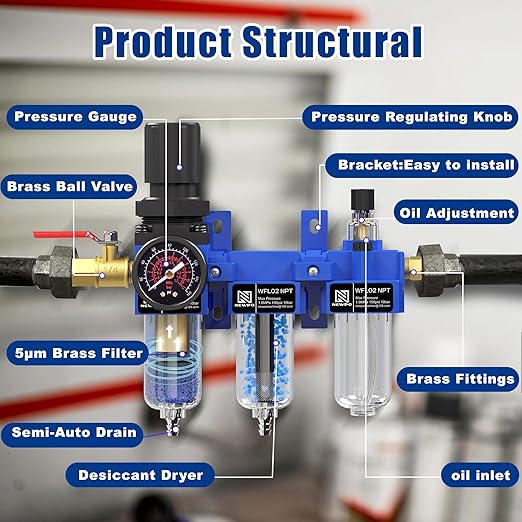 NEWPO 1/4" NPT Compressed Air Filter Regulator Lubricator Combo, Water/Oil Trap Separator,Brass Filter & Desiccant Dryers,Semi-Auto Drain,Metal Bracket-Blue