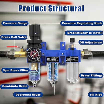 NEWPO 1/4" NPT Compressed Air Filter Regulator Lubricator Combo, Water/Oil Trap Separator,Brass Filter & Desiccant Dryers,Semi-Auto Drain,Metal Bracket-Blue