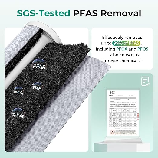 iSpring PFAS & Heavy Metal Whole House Water Filter System, Also Reduces Chlorine, Hydrogen Sulfide, Odor, Bad Taste, SGS-Tested Reducing up to 99% of PFAS, 1” Inlet/Outlet, Model: WGB22B-PFKS